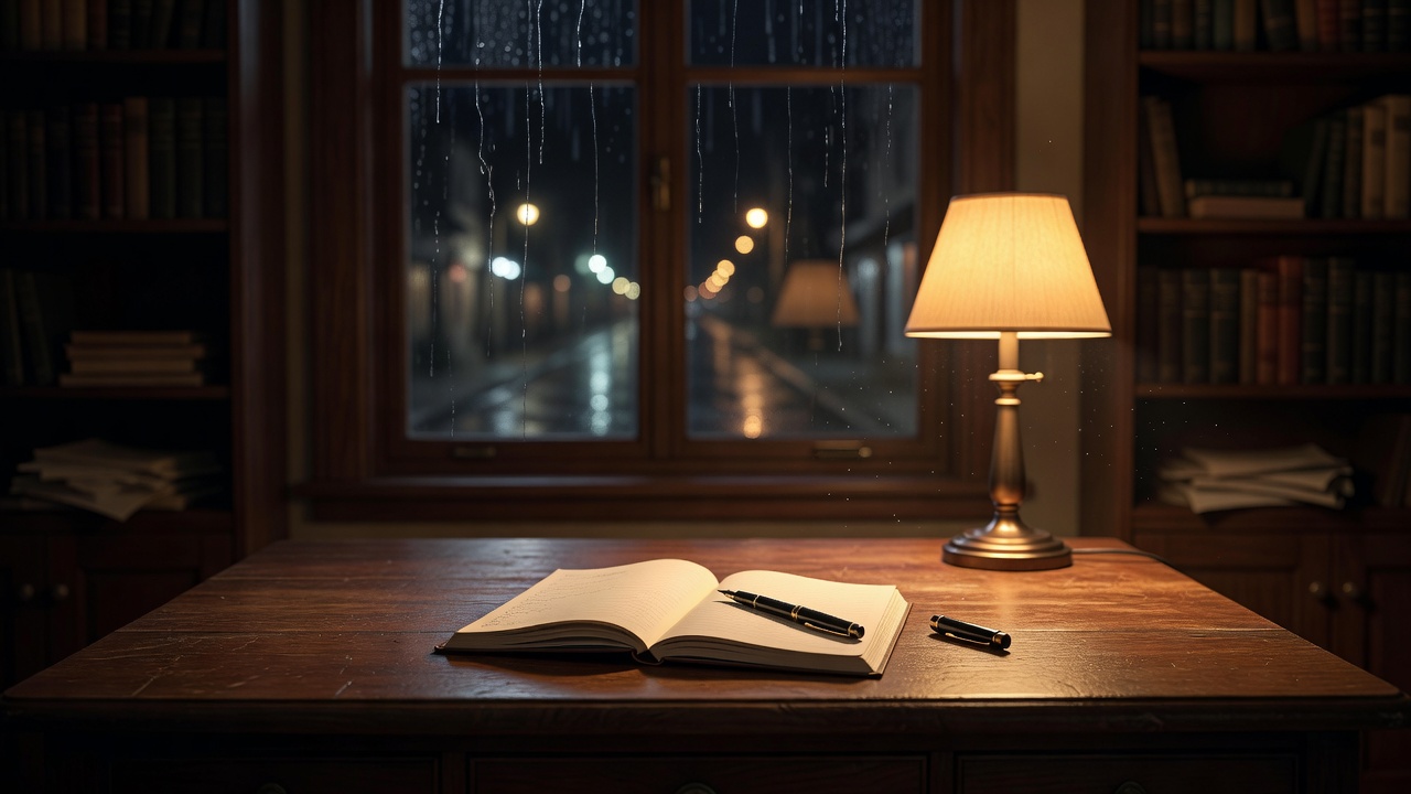 剧集场景实景照片：夜晚书桌上摊开的笔记本与台灯，暖色调室内光线